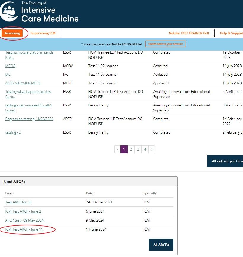 Screenshot showing ICM Trainers where ARCP invitations will appear in their FICM LLP accounts