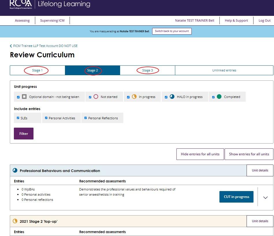Screenshot showing how to view progress against the Anaesthetics Curriculum at ARCP