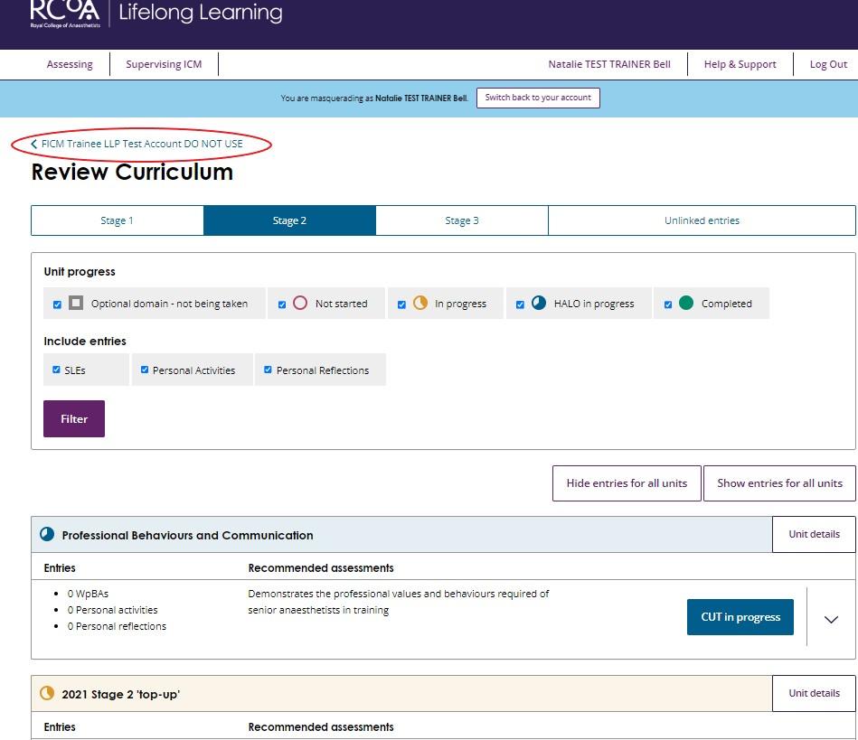 Screenshot showing how to view the RCoA LLP dashboard for a doctor on the Dual ICM and Anaes CCT Programme