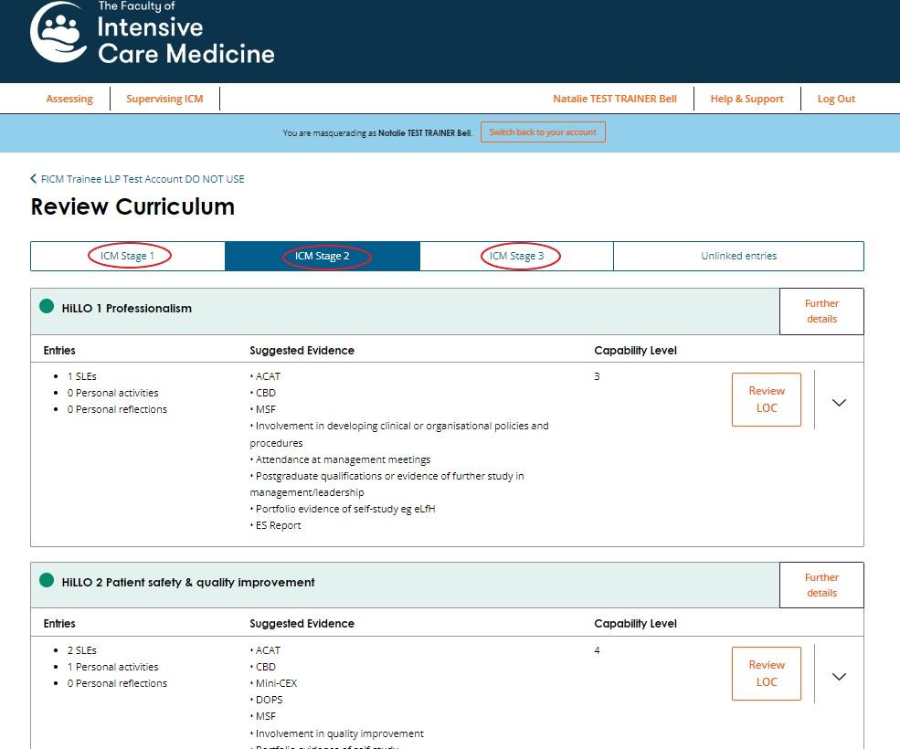 Screenshot explaining how to view ICM Curriculum progress from the ESSR