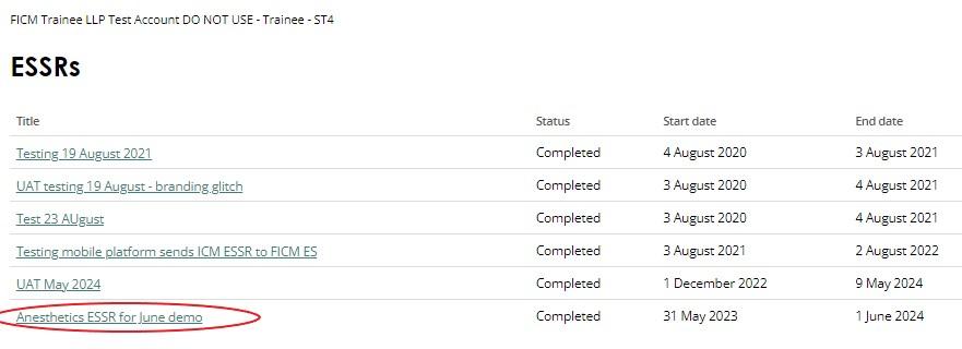 Screenshot demonstrating how to access Anaesthetic ESSRs in the ARCP