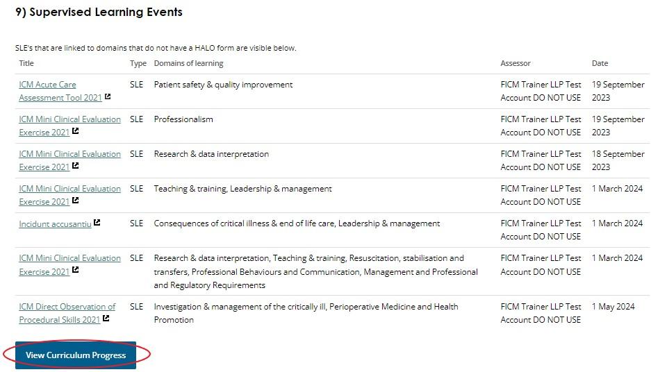 Screenshot showing how to view a doctor's Anaesthetics Curriculum progress at ARCP